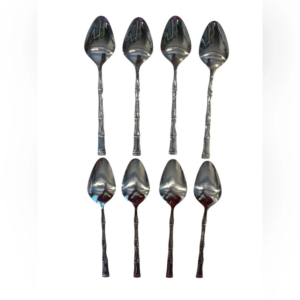 8 Piece VTG Mid Century KOREA Bamboo Stainless Steel Flatware Tablespoons 7.5